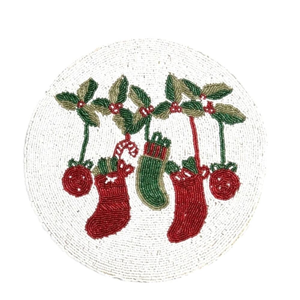 TIRAMISU Handmade Beaded 15in Round Placemat Charger Holiday Stocking Holly  NEW